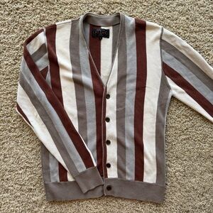 Beams Plus Japan Men’s Slim-Fit Vertical Striped Cotton Cardigan Brown Preppy S